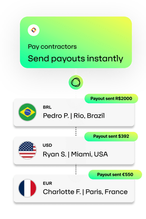 B2C payouts being sent from a businesses to a group of individuals, powered by Runa. Currencies are automatically exchanged and payouts are delivered instantly. Recipient is happy with the experience.