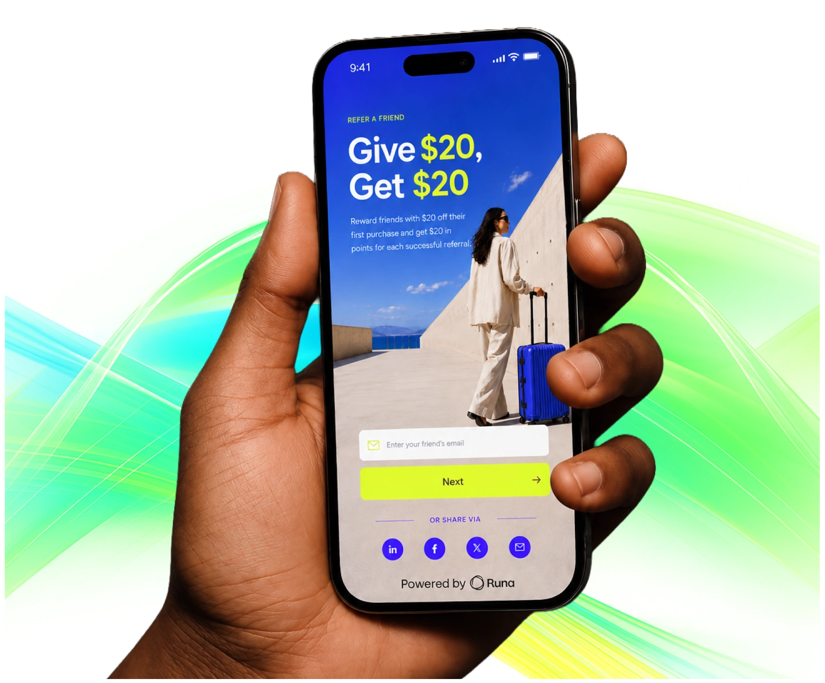 Hand holding a smartphone displaying a branded refer-a-friend loyalty reward screen offering "Give $20, Get $20" with email input and social sharing options, powered by Runa