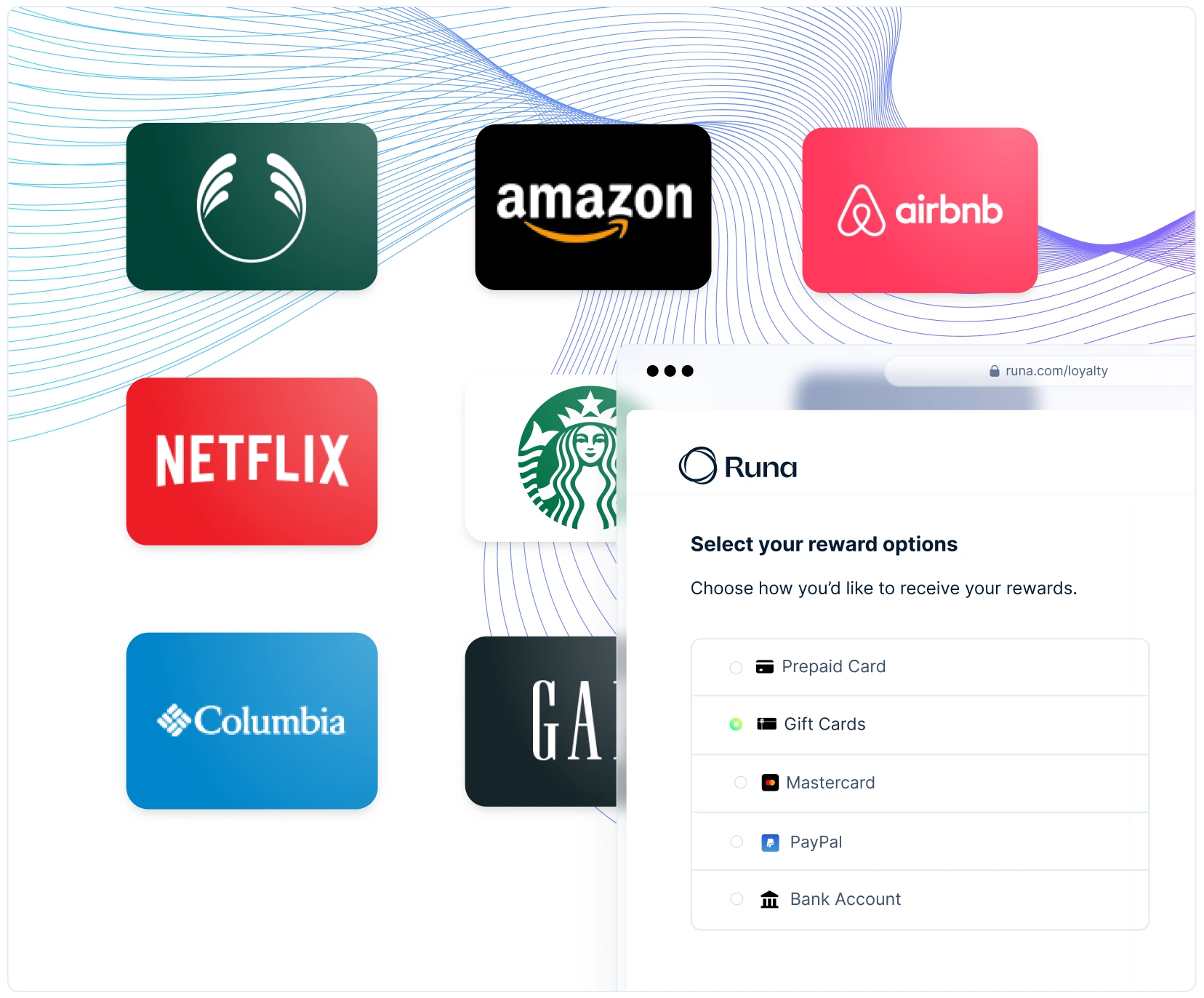 Grid of popular gift card brands including Amazon, Airbnb, Netflix, Starbucks, Columbia, and Gap alongside a Runa reward selection interface offering prepaid card, gift card, Mastercard, PayPal, and bank account redemption options