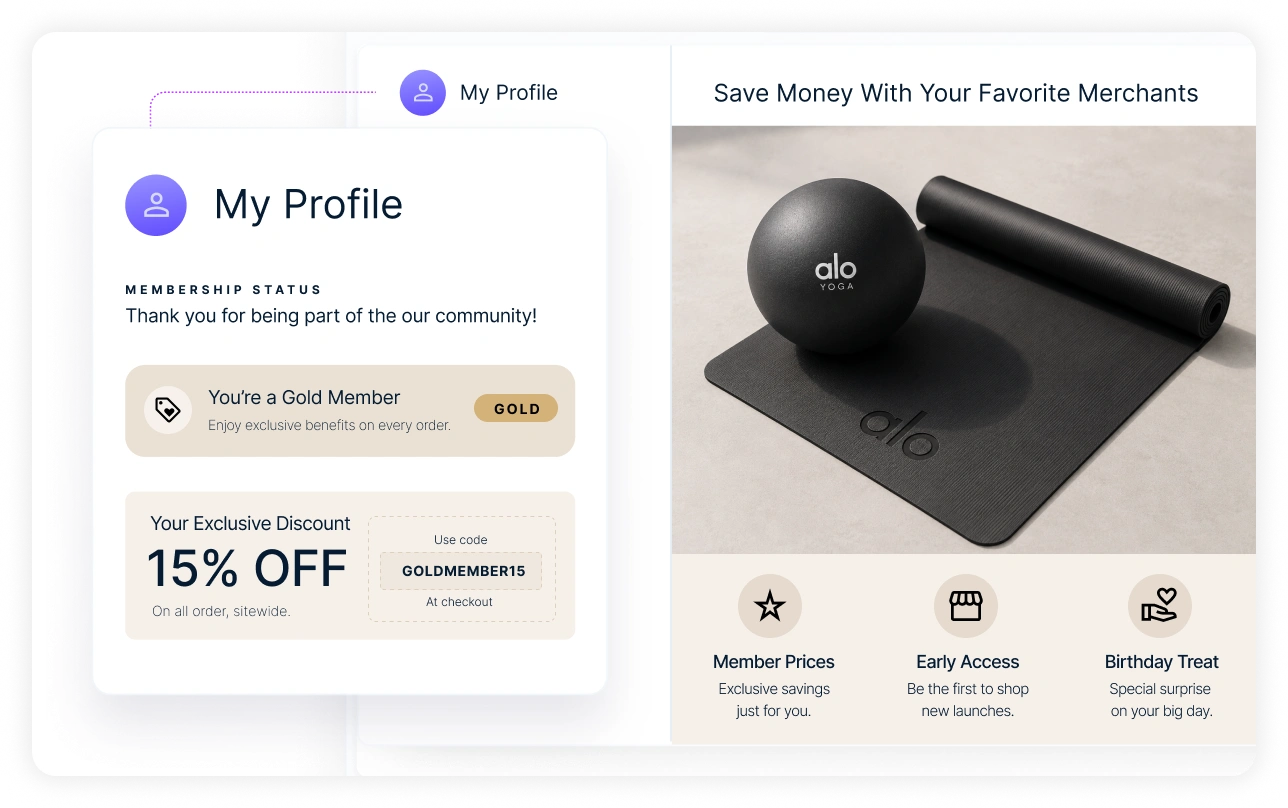 Gold-tier loyalty member profile screen showing a 15% off exclusive discount code alongside an Alo Yoga merchant offer with member prices, early access, and birthday treat perks