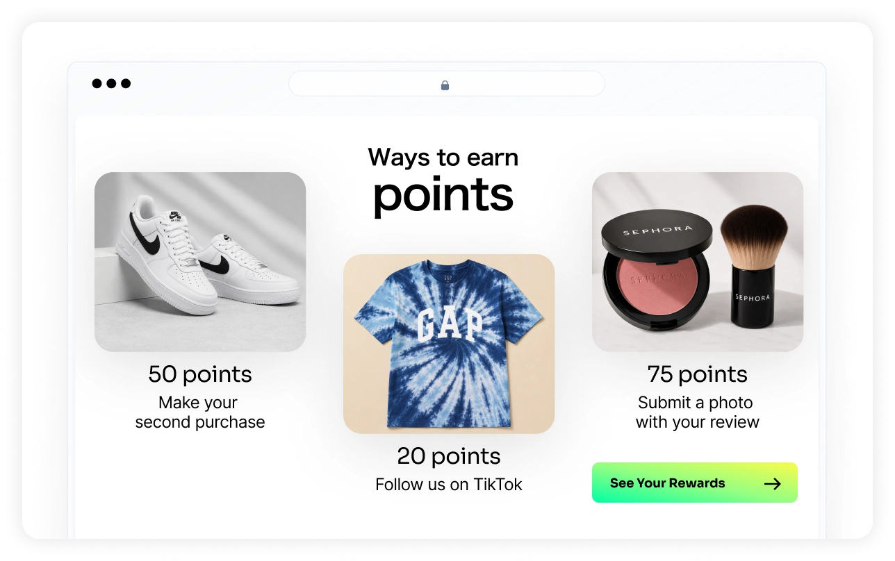 Loyalty program interface displaying ways to earn points, including 50 points for a second Nike purchase, 20 points for following on TikTok with a Gap tie-dye t-shirt, and 75 points for submitting a Sephora product review