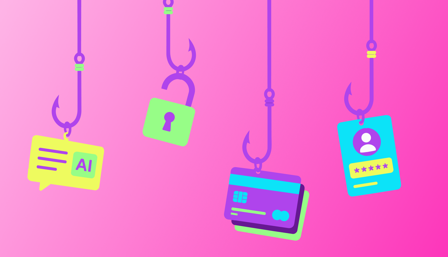 Fishing hooks showing incidents of fraud and security issues being dangled
